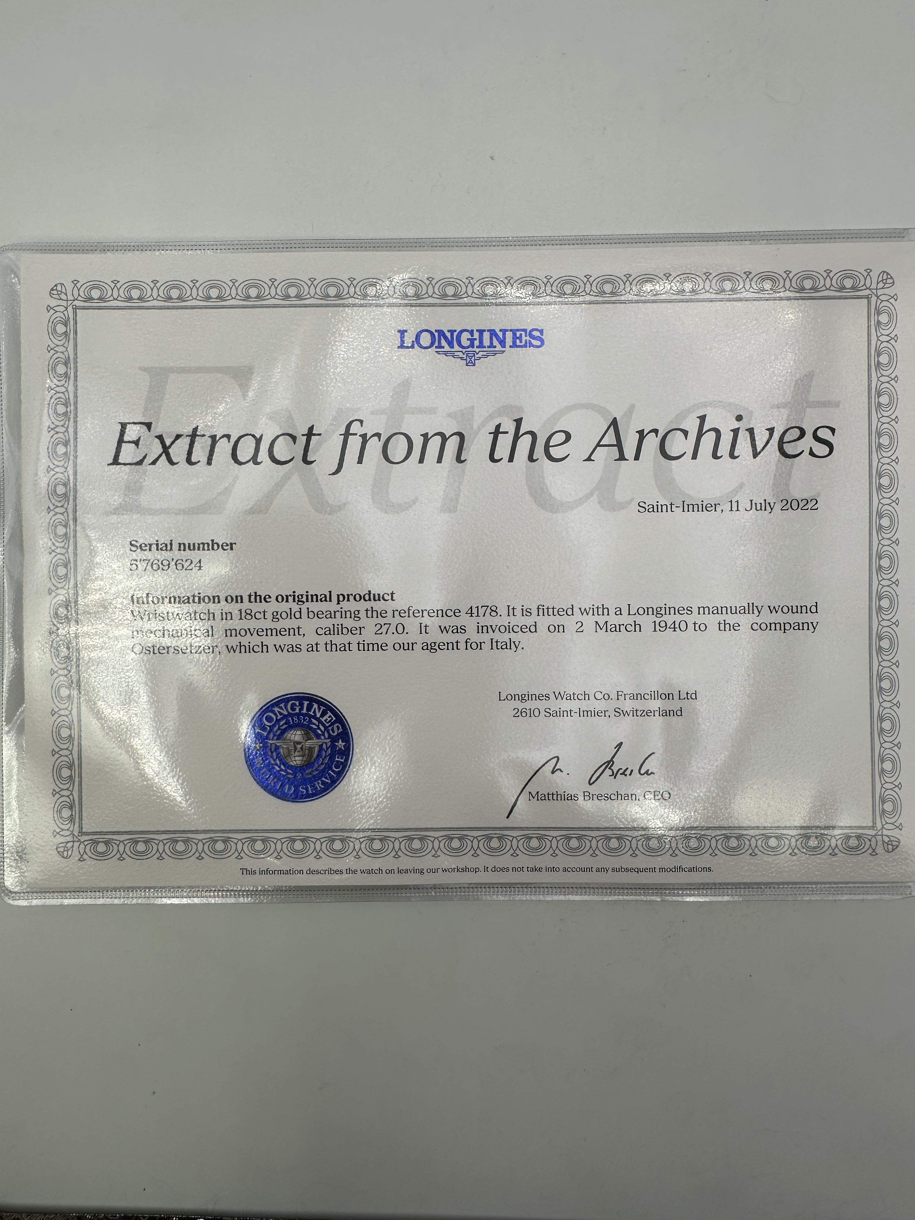 1940 Longines - 4178 Oro 18K Calibro 27.0 + Estratto Archivio Originale