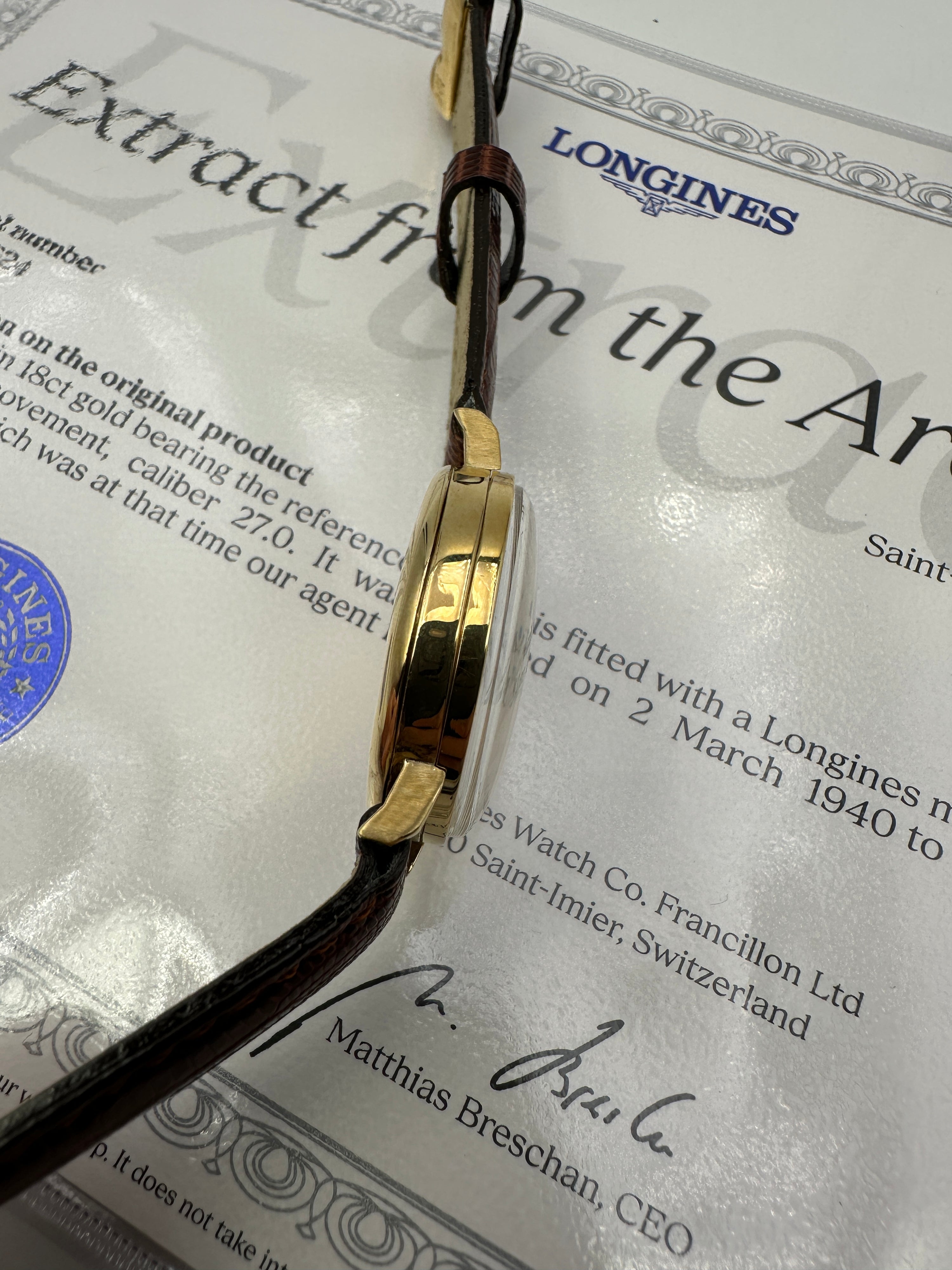 1940 Longines - 4178 Oro 18K Calibro 27.0 + Estratto Archivio Originale