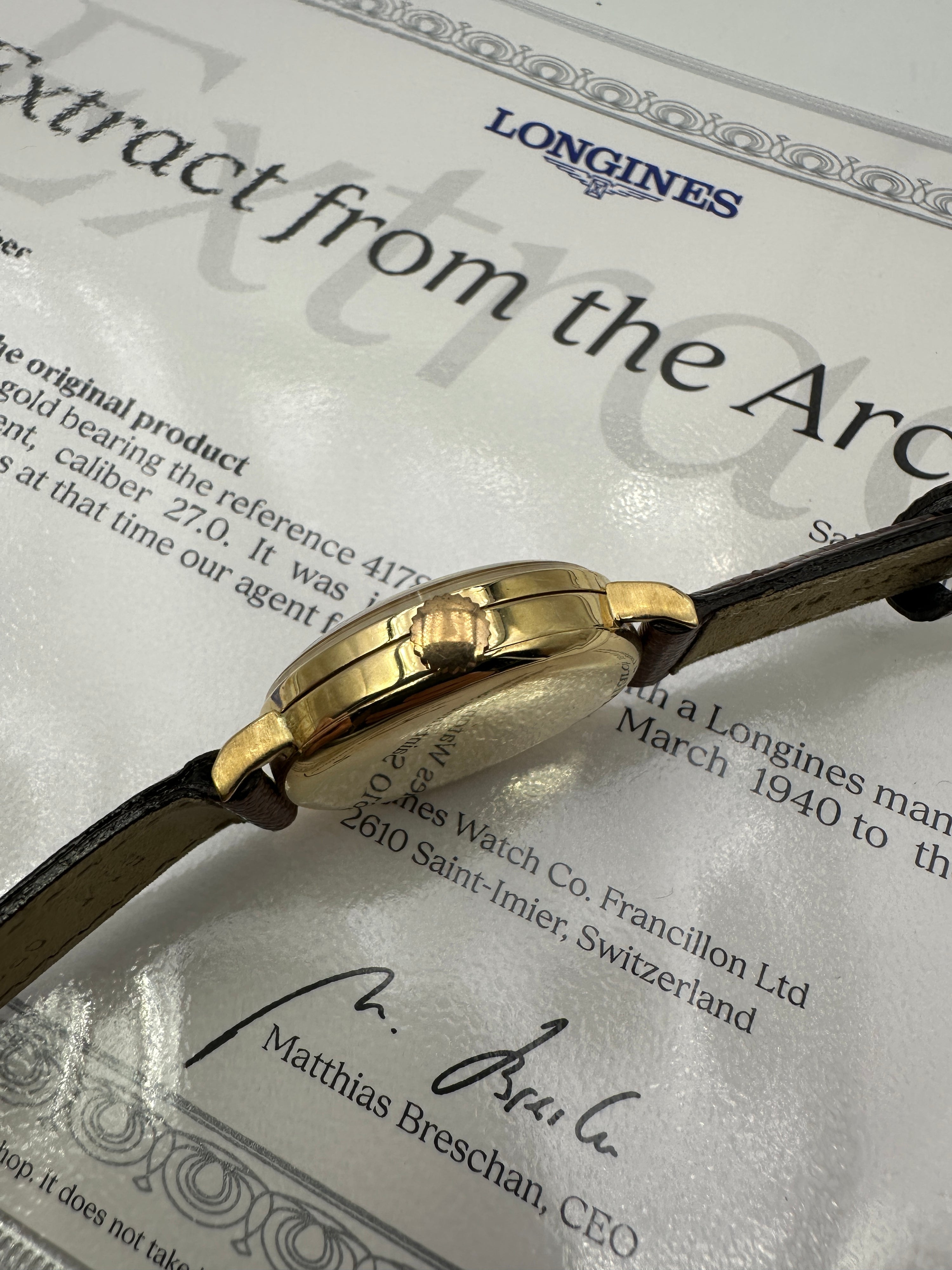 1940 Longines - 4178 Oro 18K Calibro 27.0 + Estratto Archivio Originale