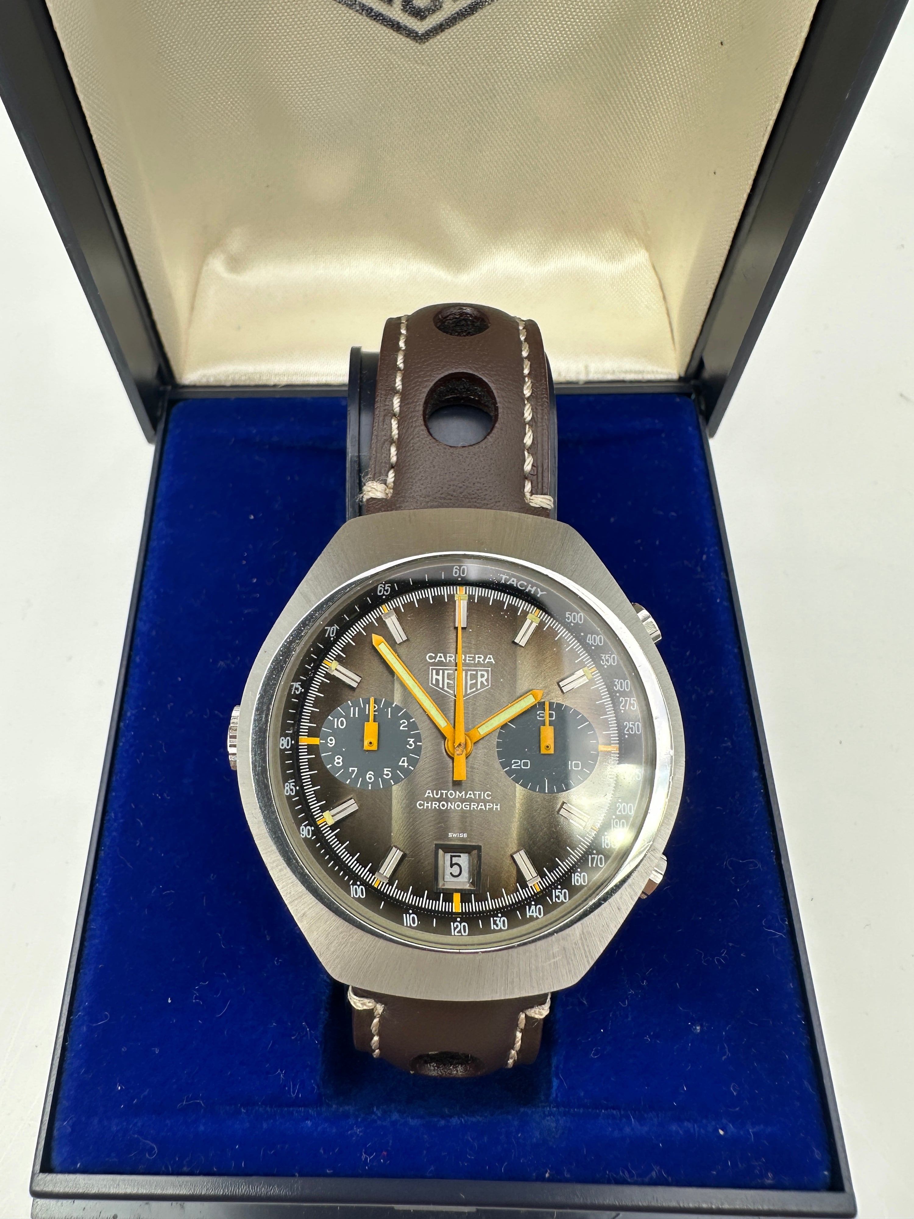 Heuer Carrera - Automatico Cronografo Vintage Fume - 1970s - Con Scatola